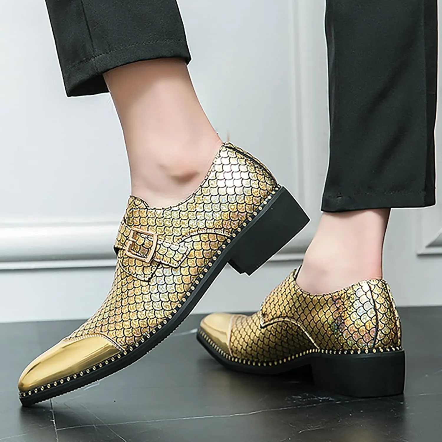 Men's Leather Printing Chunky Heel Monk Buckle Loafers Fashion Classic Pointed Toe Slip On Formal Business Dress Oxford Shoes for Business Wedding Party