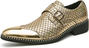 Men's Leather Printing Chunky Heel Monk Buckle Loafers Fashion Classic Pointed Toe Slip On Formal Business Dress Oxford Shoes for Business Wedding Party