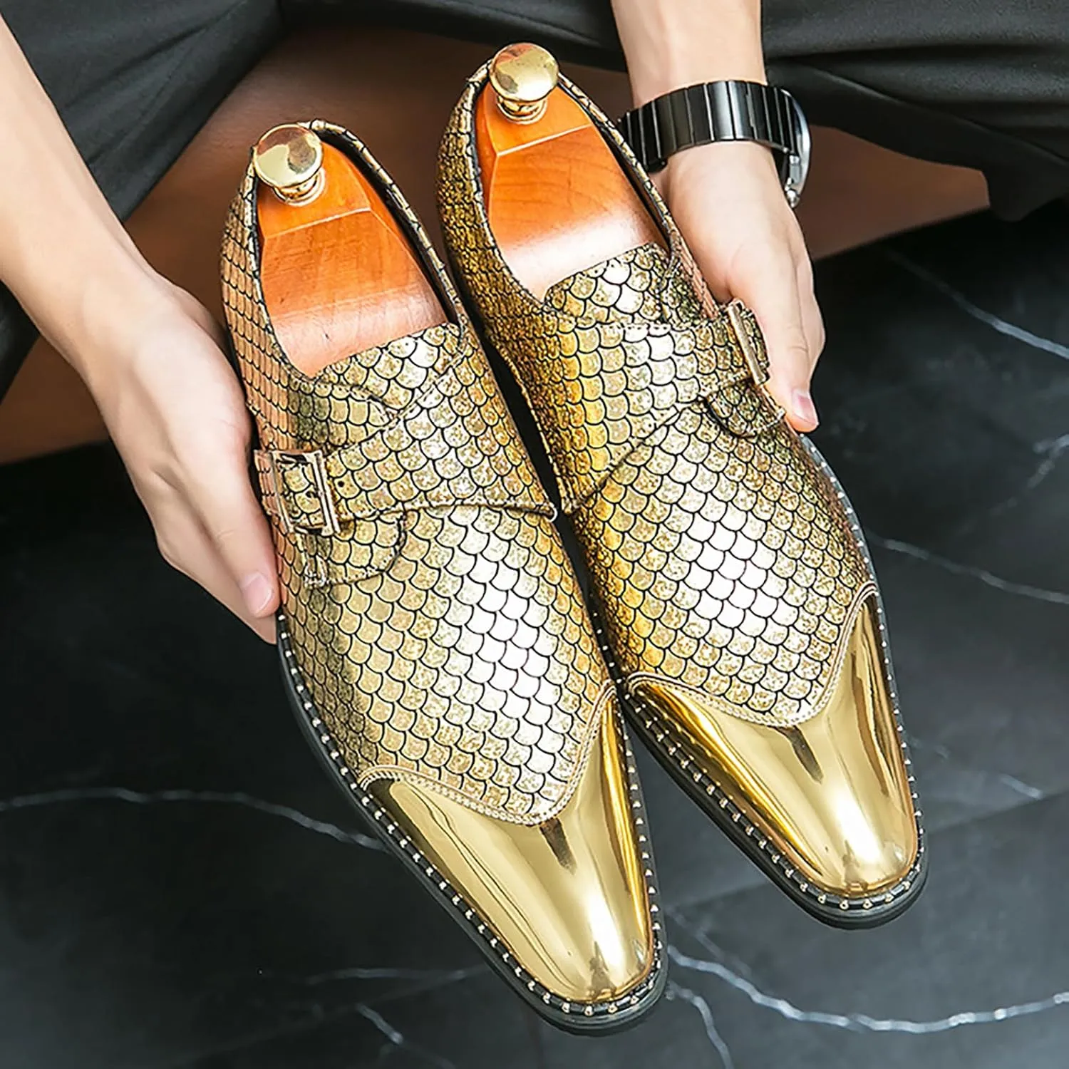 Men's Leather Printing Chunky Heel Monk Buckle Loafers Fashion Classic Pointed Toe Slip On Formal Business Dress Oxford Shoes for Business Wedding Party