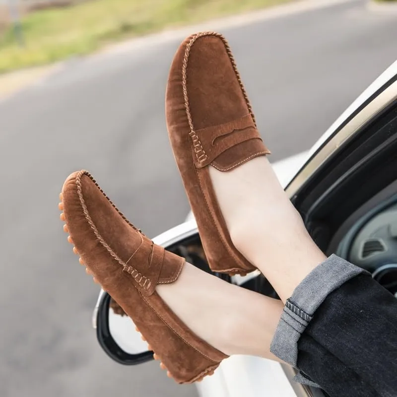 Mens Loafers Shoe Round Toe Suede Penny Driving Loafers Flat Heel Flexible Resistant Classic Party Slip On