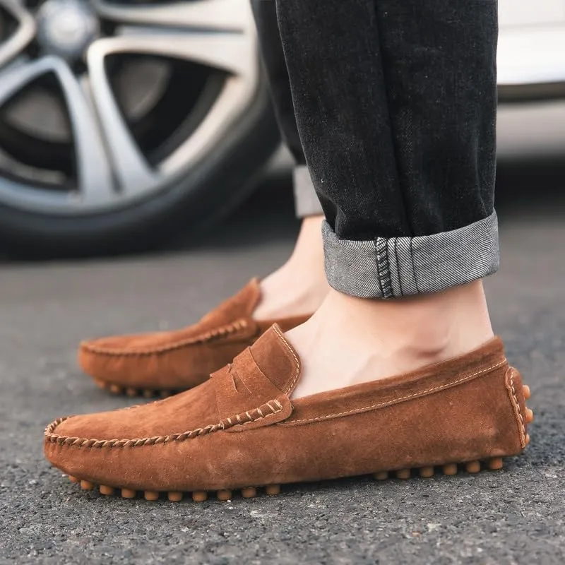 Mens Loafers Shoe Round Toe Suede Penny Driving Loafers Flat Heel Flexible Resistant Classic Party Slip On