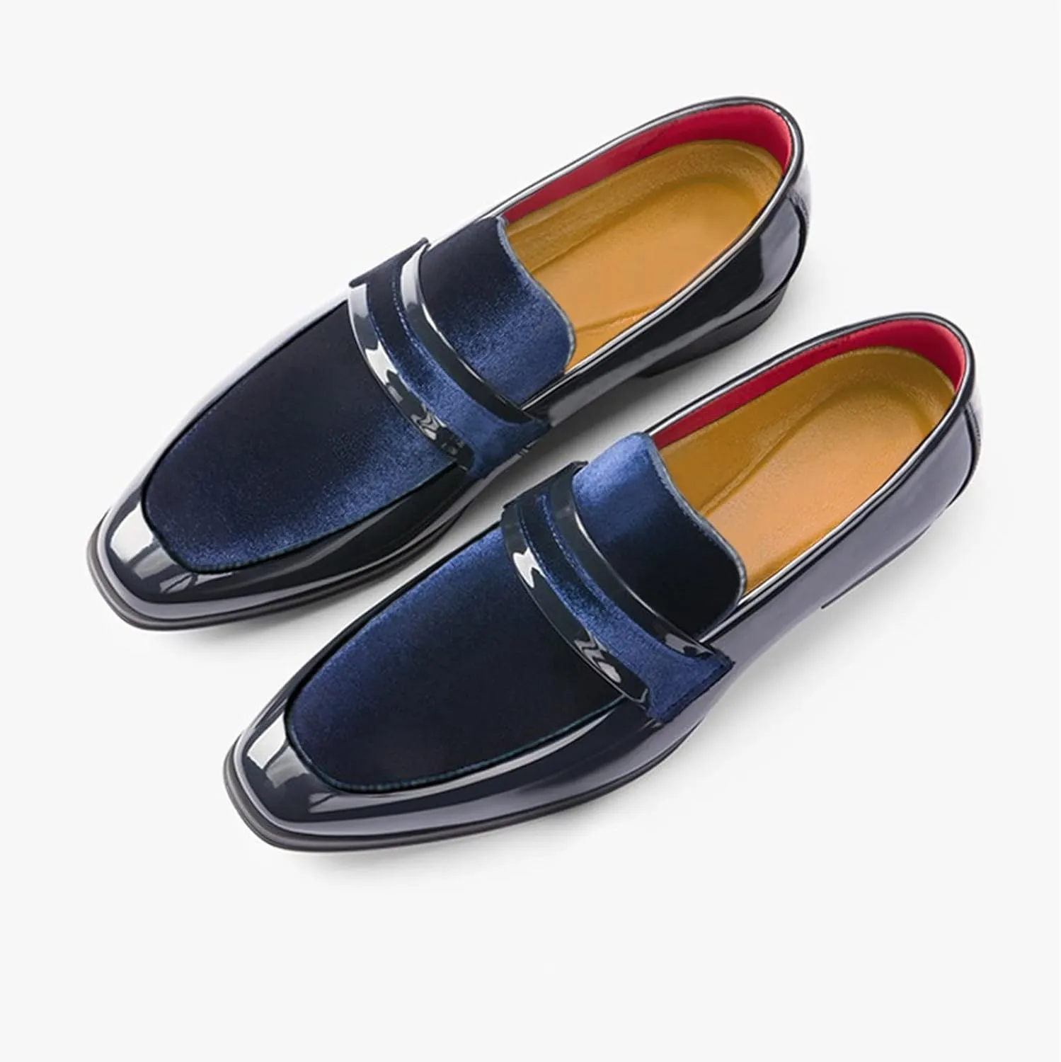 Mens Velvet Patent Leather Chunky Heel Dress Loafers Classic Square Toe Flat Non-Slip One-Step Business and Party Penny Tuxedo Shoes Wedding Work Shoes