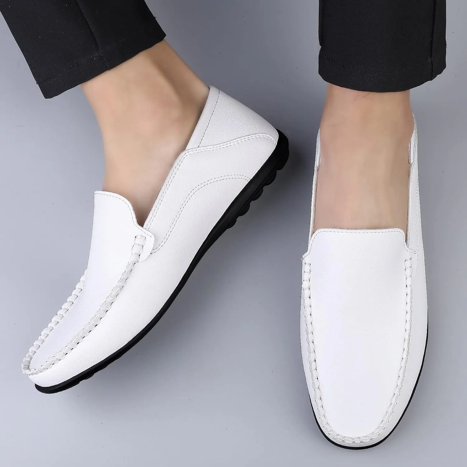 Men's Vintage Hand Stitched Leather Loafers Comfortable Slip On Soft Sole Moccasin Boat Shoes Stylish Casual Driving Walking Dress Flats for Business