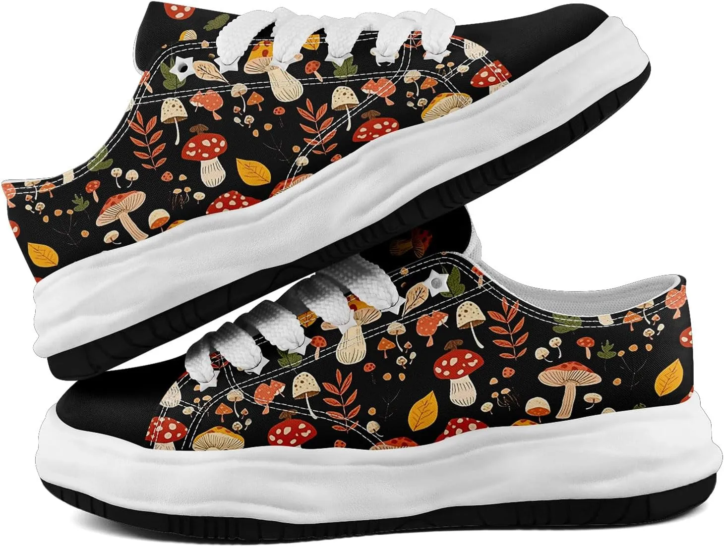 Mushroom Floral Canvas Sneakers for Women's Men's Low-Top Trendy Lace-Up Walking Casual Shoes Spring Summer Footwear