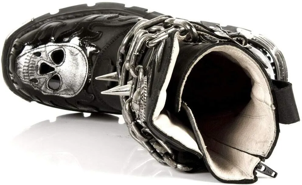 New Rock Unisex M.727-S1 Black Leather Boots Skull Chain Flame Reactor Boots
