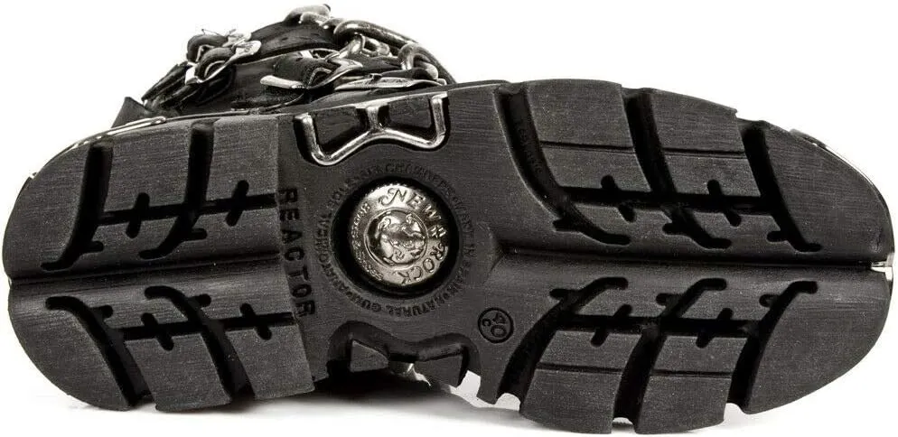 New Rock Unisex M.727-S1 Black Leather Boots Skull Chain Flame Reactor Boots