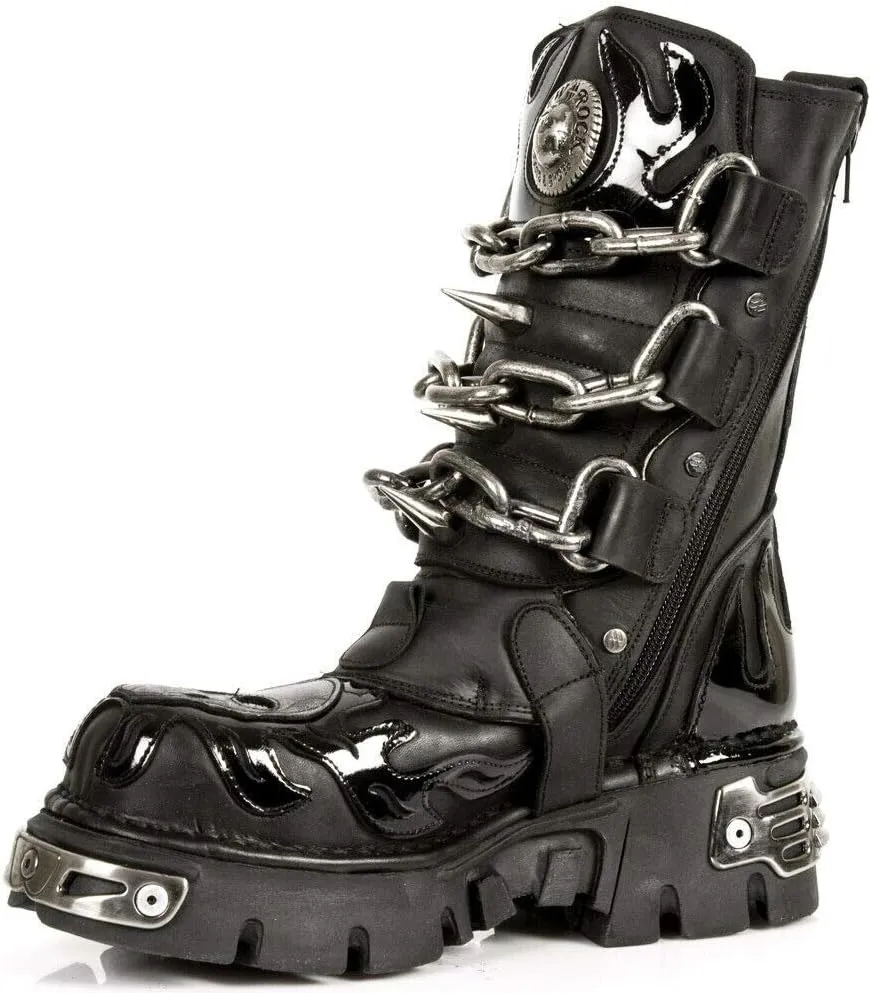New Rock Unisex M.727-S1 Black Leather Boots Skull Chain Flame Reactor Boots
