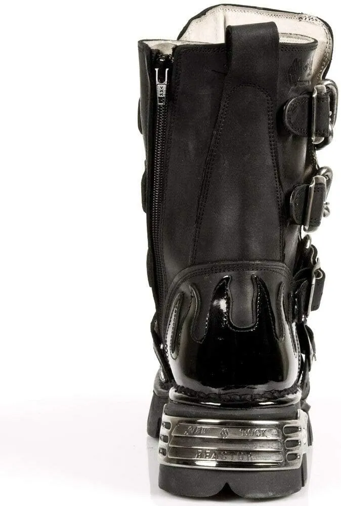 New Rock Unisex M.727-S1 Black Leather Boots Skull Chain Flame Reactor Boots