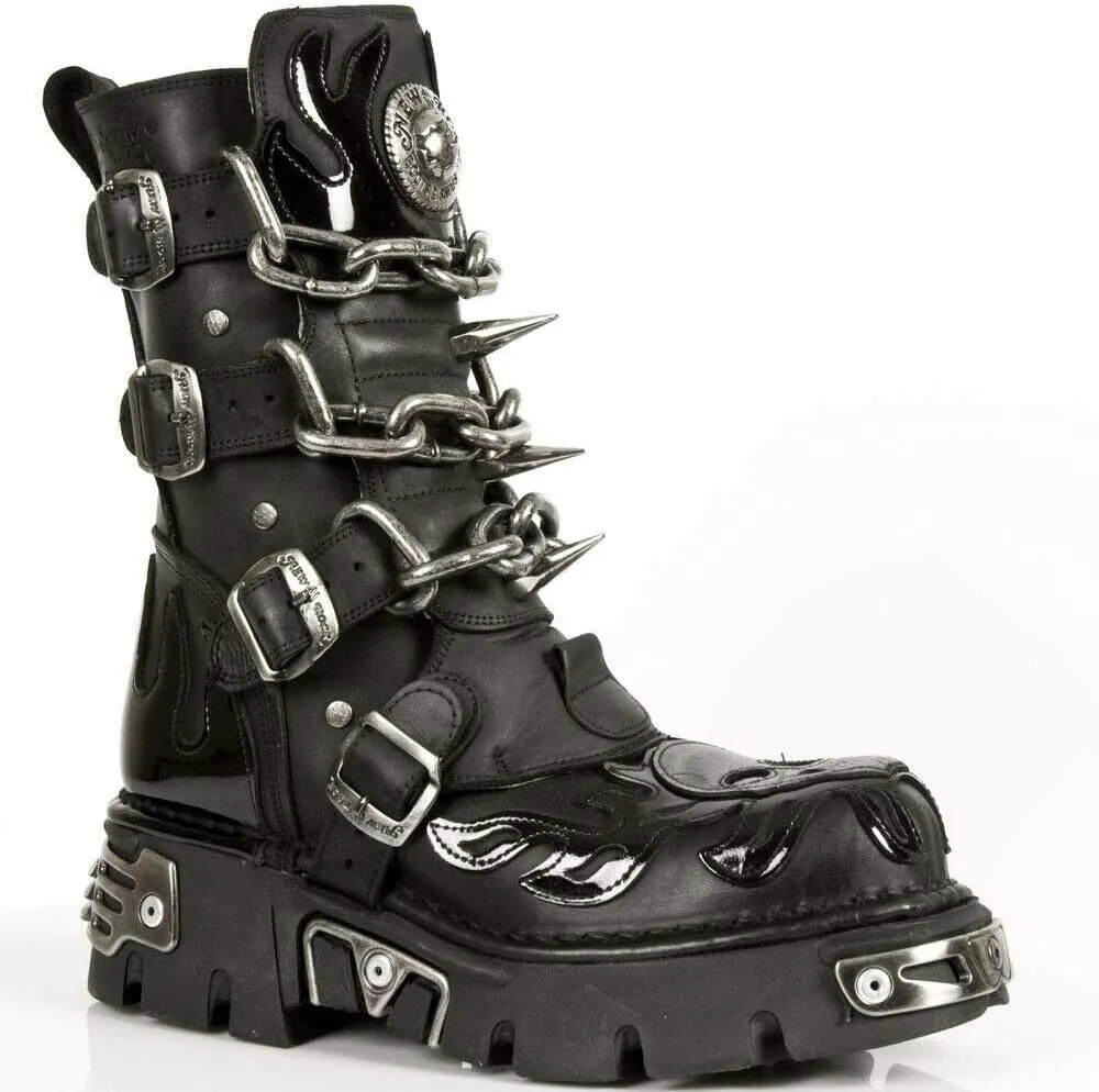 New Rock Unisex M.727-S1 Black Leather Boots Skull Chain Flame Reactor Boots