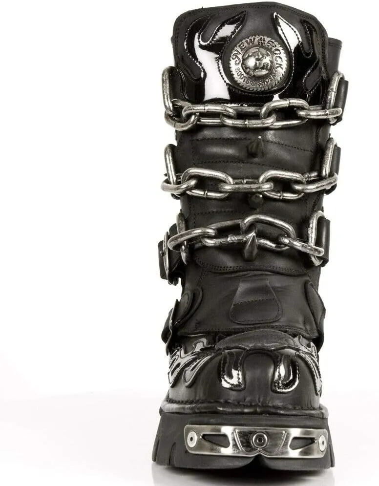 New Rock Unisex M.727-S1 Black Leather Boots Skull Chain Flame Reactor Boots