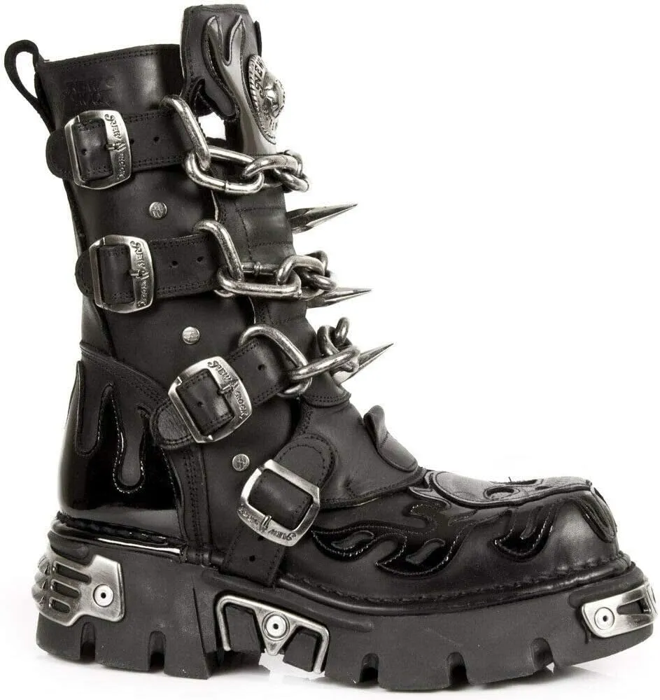 New Rock Unisex M.727-S1 Black Leather Boots Skull Chain Flame Reactor Boots