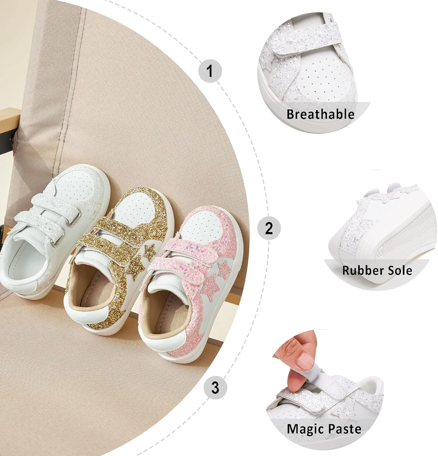 Otter MOMO Girls Sneakers Little Girls Magic Paste Shoes Glitter Sneakers Toddler