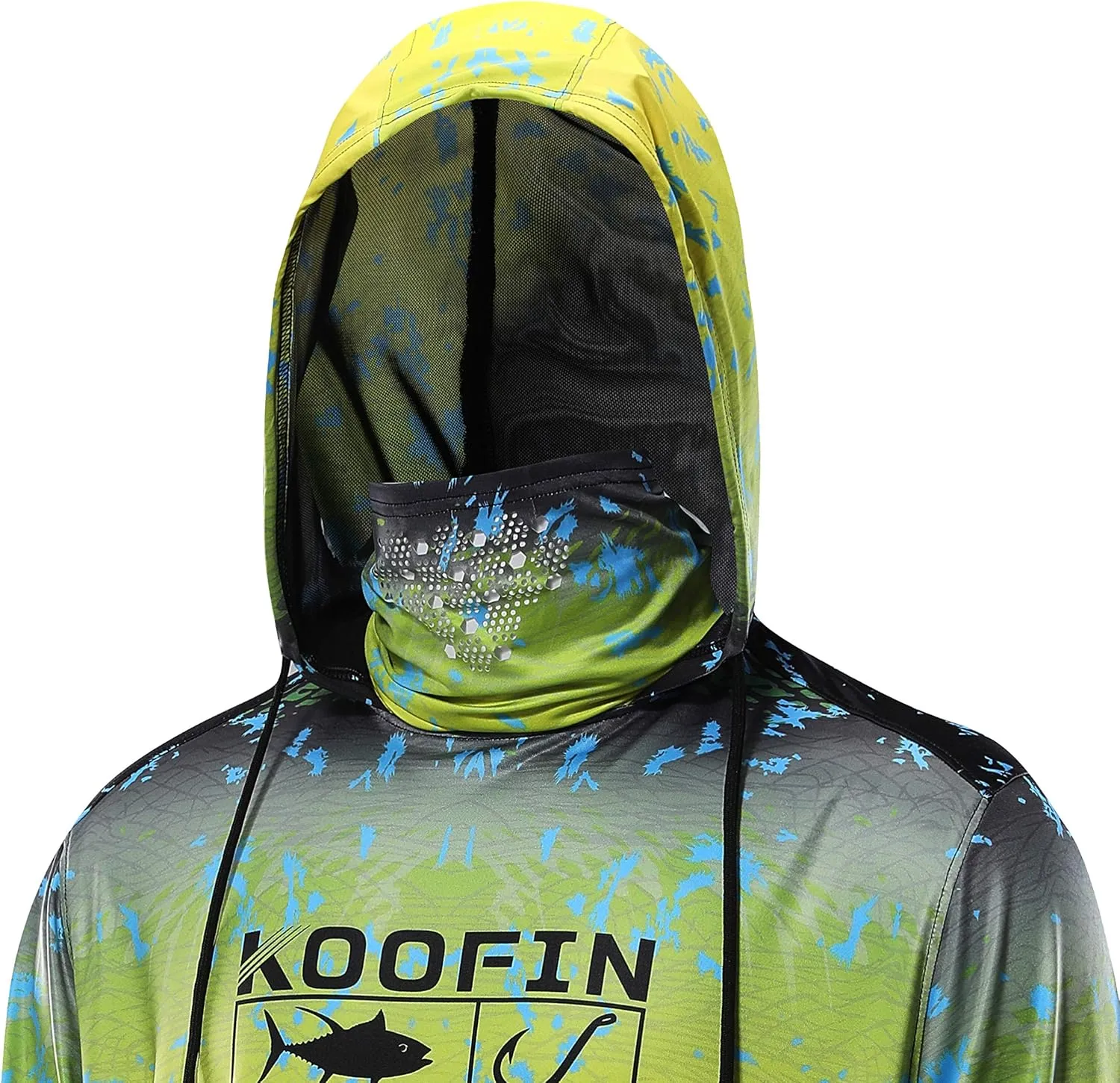 Performance Fishing Hoodie with Face Mask UPF50 Sunblock Shirt Hooded Long Sleeve with Drawstrings Pocket