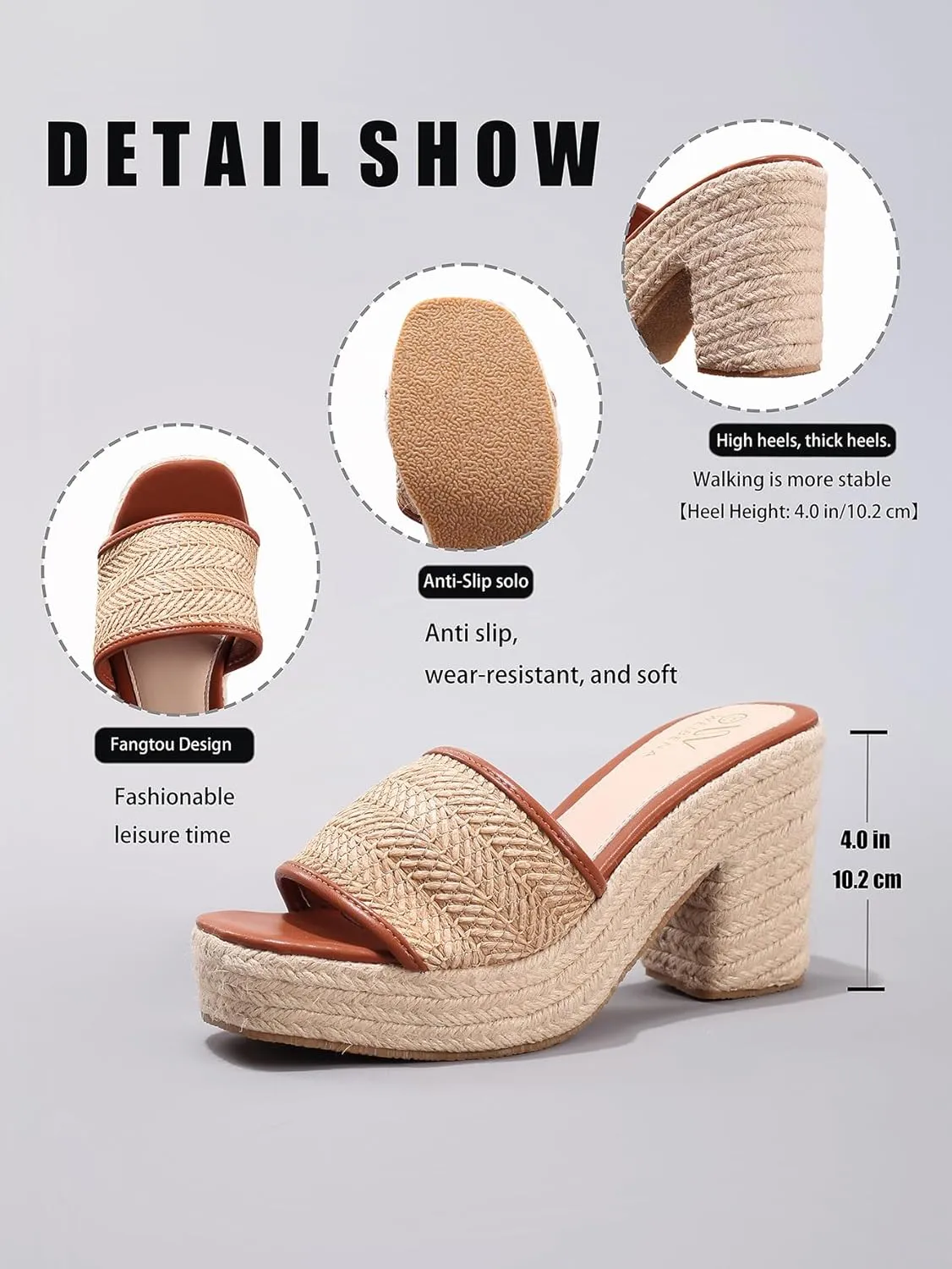 Platform Wedge Sandals for Women Slip-On Square Open Toe Braided Chunky Block Heels Slide Beach Straw High Heels