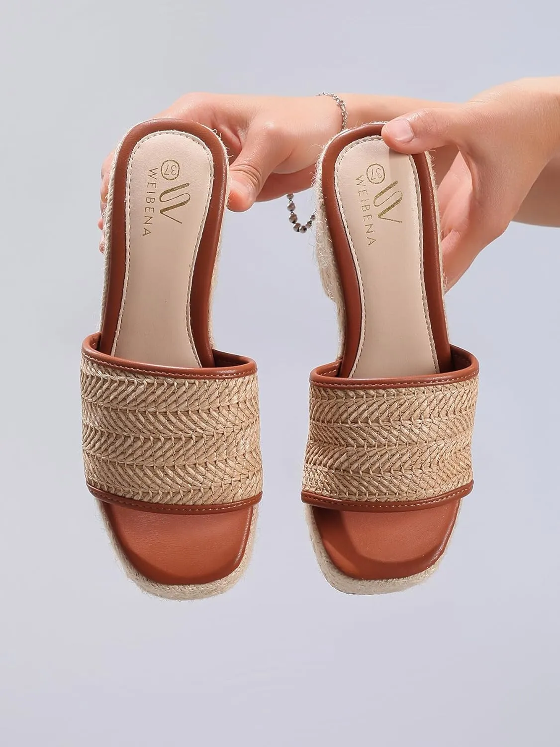 Platform Wedge Sandals for Women Slip-On Square Open Toe Braided Chunky Block Heels Slide Beach Straw High Heels