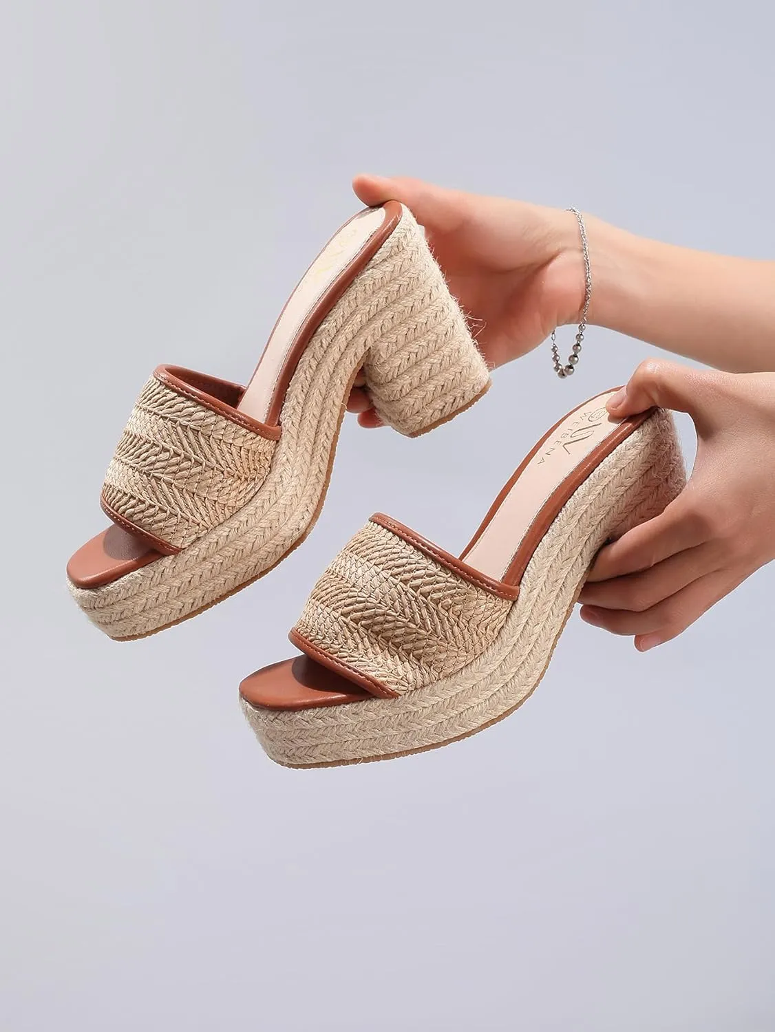 Platform Wedge Sandals for Women Slip-On Square Open Toe Braided Chunky Block Heels Slide Beach Straw High Heels