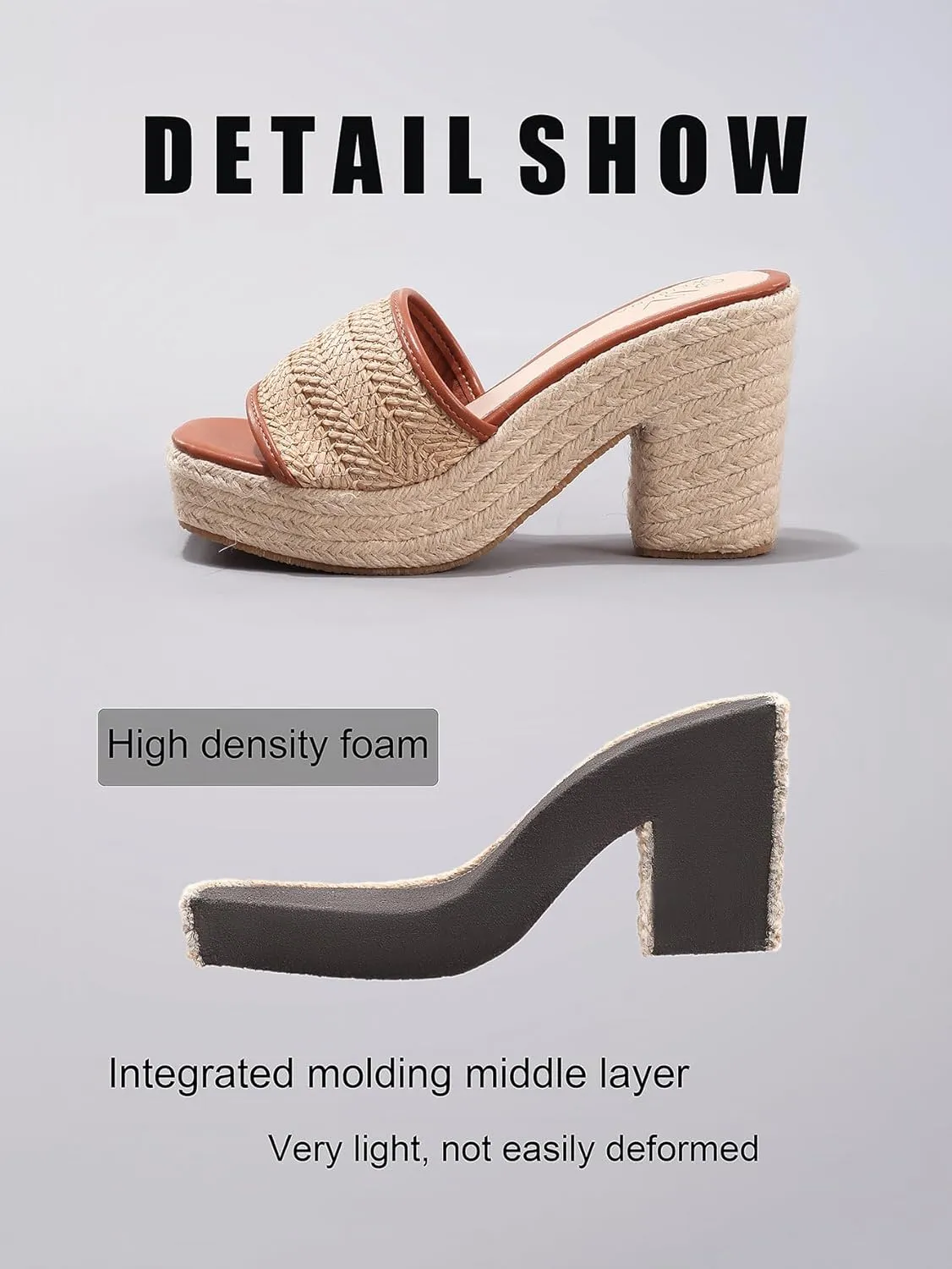 Platform Wedge Sandals for Women Slip-On Square Open Toe Braided Chunky Block Heels Slide Beach Straw High Heels