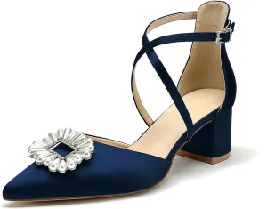Pointed Toe Pearl Wedding Shoes for Bride White Low Heels Satin Bridal Shoes Cross Strappy Block Heels Comfortable Dresses Shoes Pumps for Women