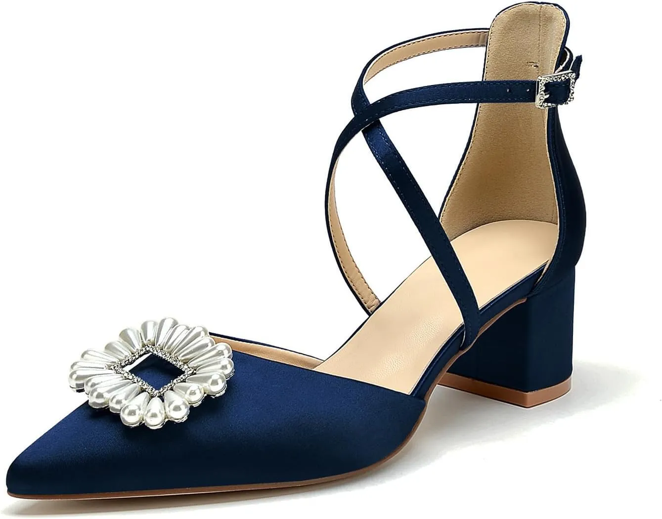 Pointed Toe Pearl Wedding Shoes for Bride White Low Heels Satin Bridal Shoes Cross Strappy Block Heels Comfortable Dresses Shoes Pumps for Women