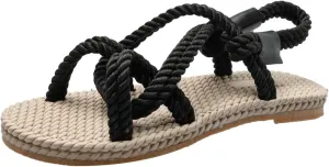 Rope Sandals for Women Shoes Slippers Hemp Rope Cross Tie Weaving Flat Sandals Comfortable & Lightweight (Color : Black, Size : CN 37)