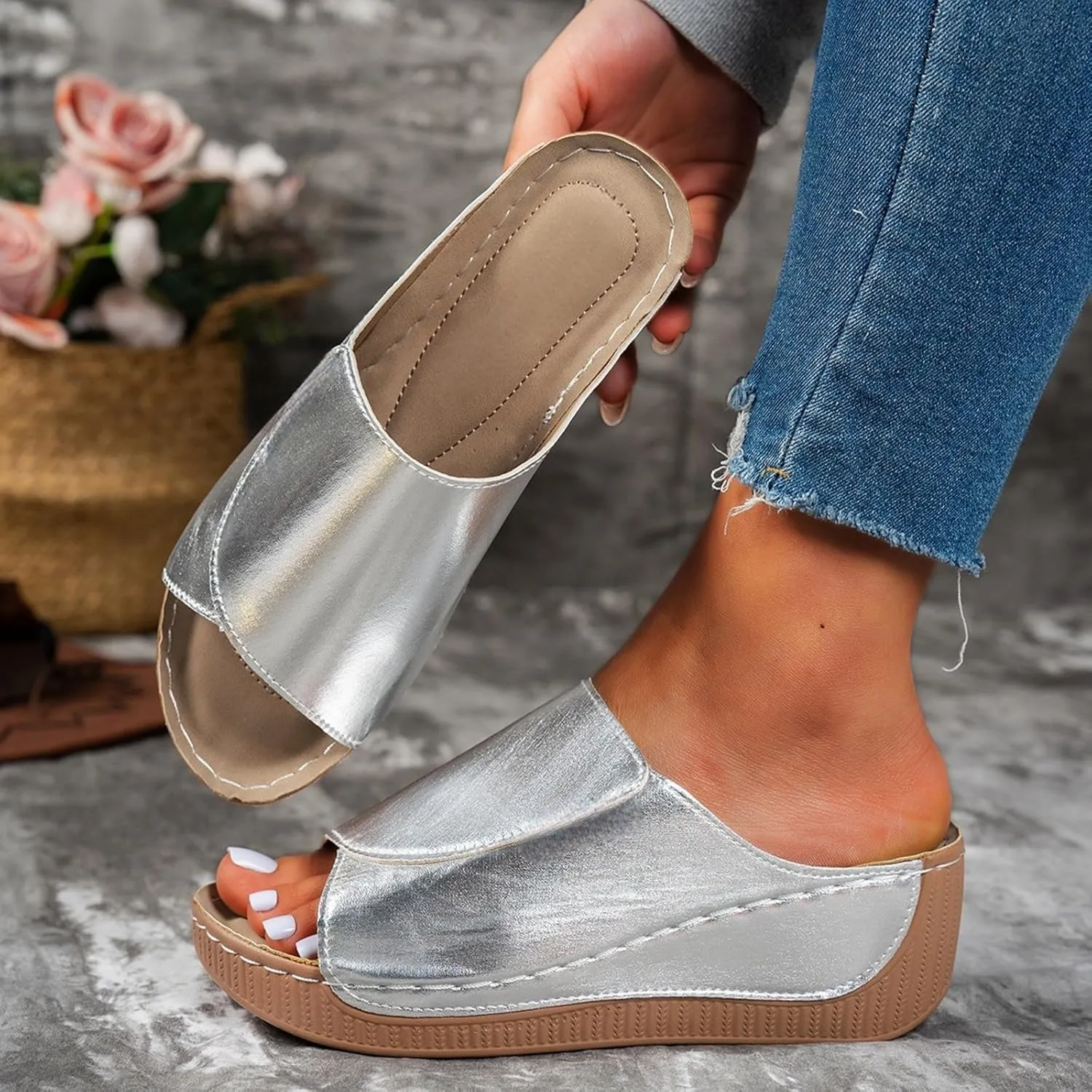 Sandals for Women Platform Wedge Open Toe Low Heel Beach Flats Ankle Chelsea Dress Shoes Orthopedic Casual Summer Slip on Sandal Flat Espadrilles Walking Slippers Arch Support Strappy Wedges