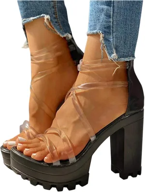 Sandals for Women Wide Width Heels,Ankle Strap Snakeskin Adjustable Buckle Clear Block Chunky High Heel Open Toe Sandal