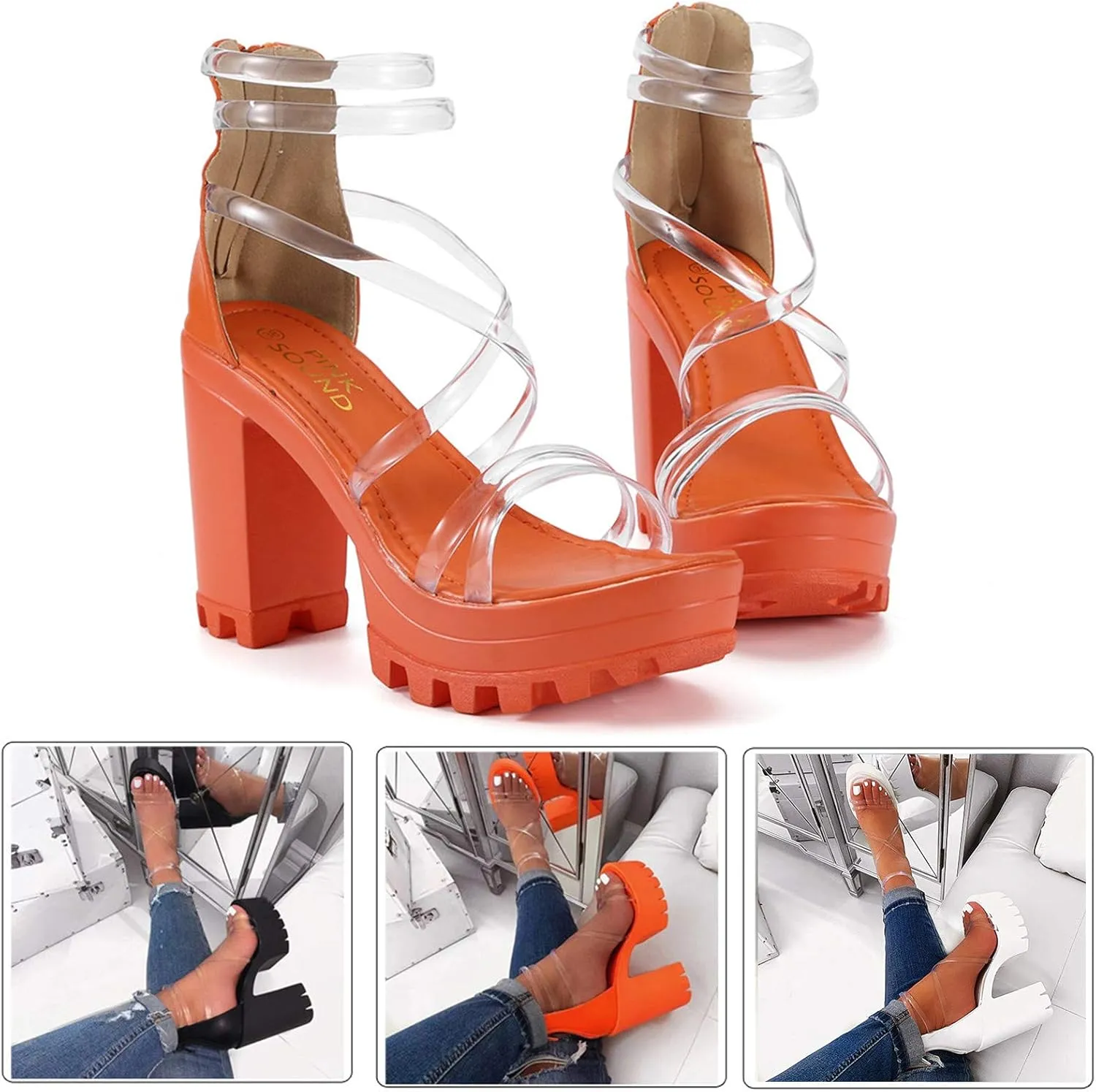 Sandals for Women Wide Width Heels,Ankle Strap Snakeskin Adjustable Buckle Clear Block Chunky High Heel Open Toe Sandal