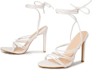 SHEMEE Women's Stiletto High Heel Cross Strappy Sandals Gladiator Roman Style Rope Tie Up Round Toe Summer Shoes