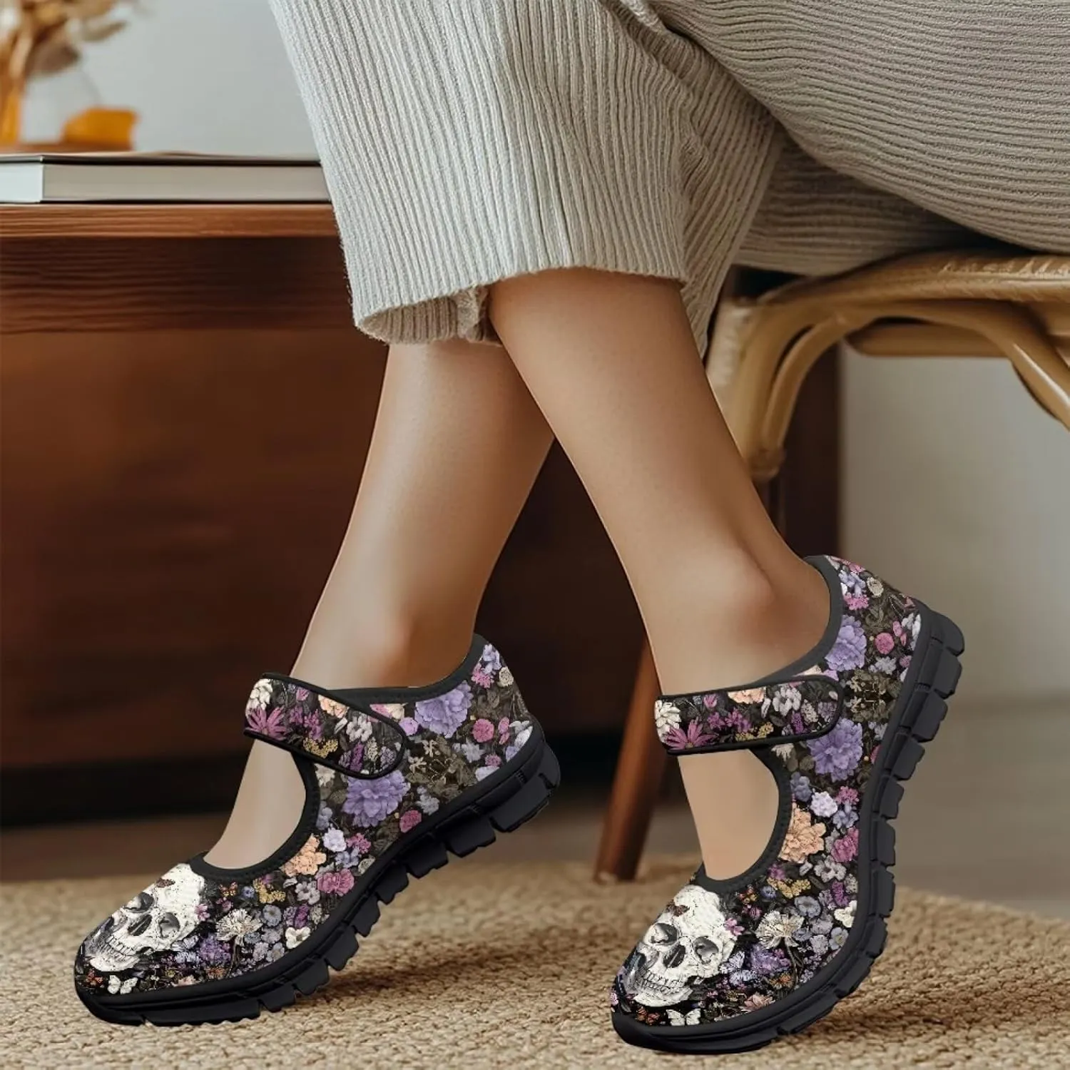 Skull Mary Jane Flats for Women Non Slip Trendy Dress Up Shoes Breathable Daily Dress Ballet Flats Shoes