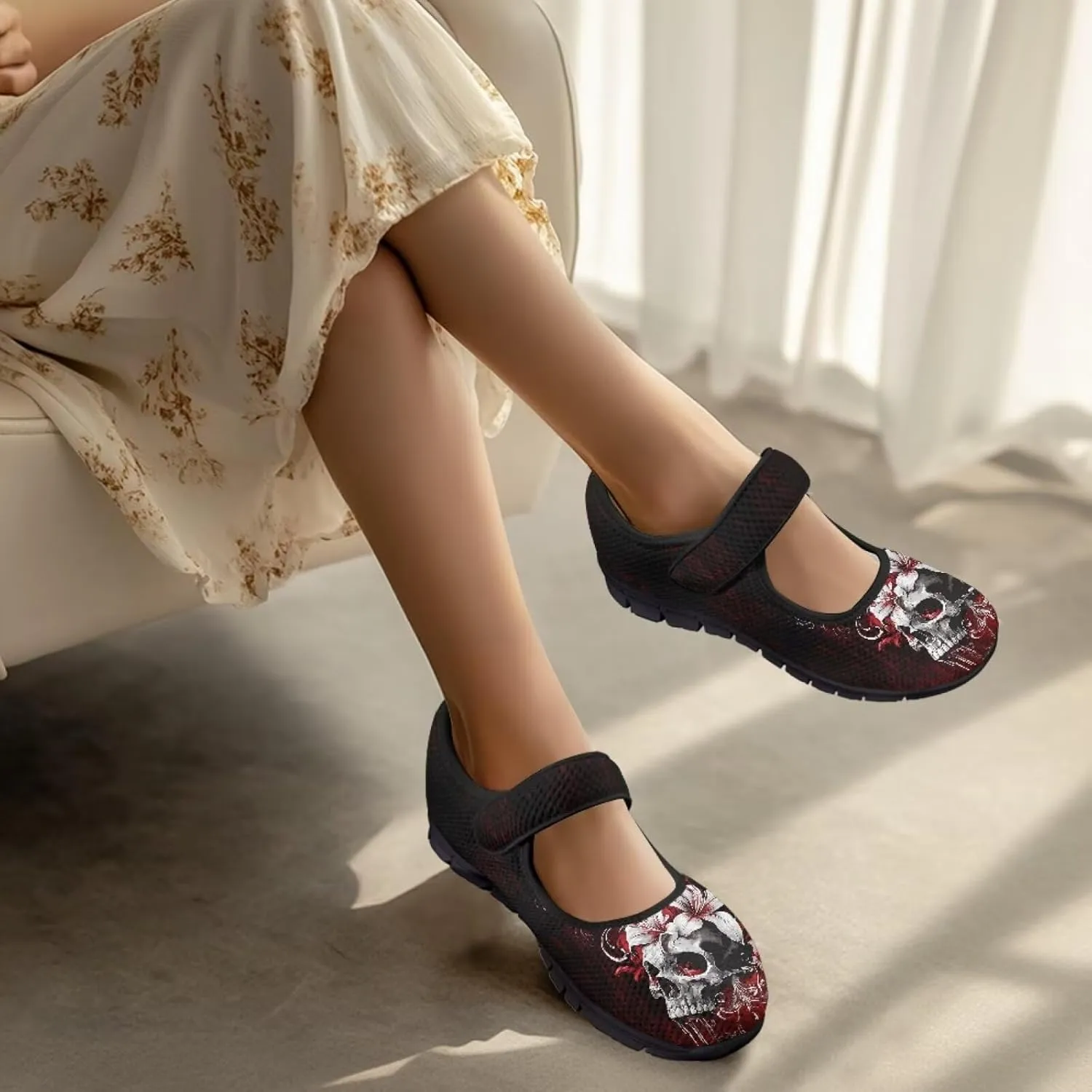 Skull Mary Jane Flats for Women Non Slip Trendy Dress Up Shoes Breathable Daily Dress Ballet Flats Shoes