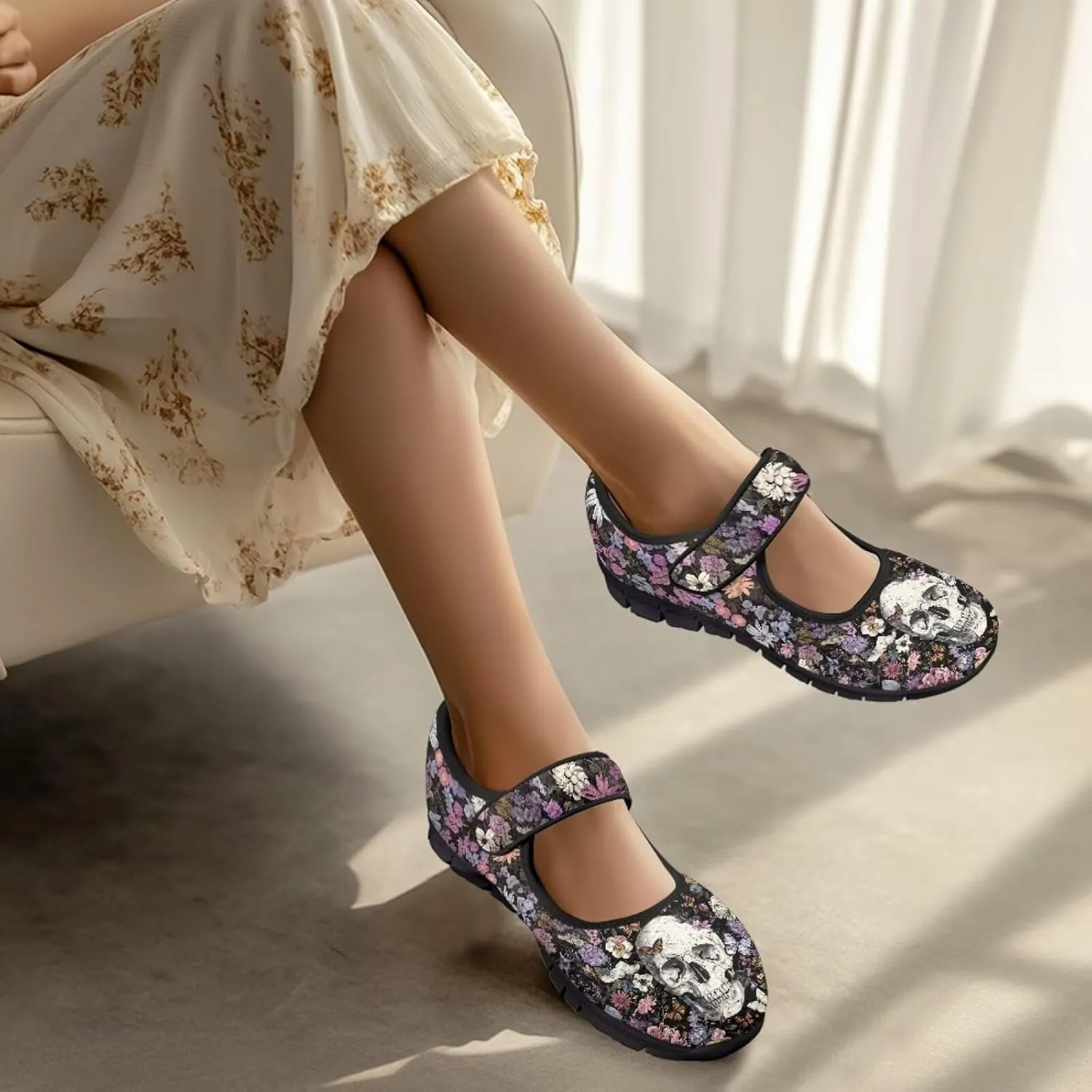 Skull Mary Jane Flats for Women Non Slip Trendy Dress Up Shoes Breathable Daily Dress Ballet Flats Shoes