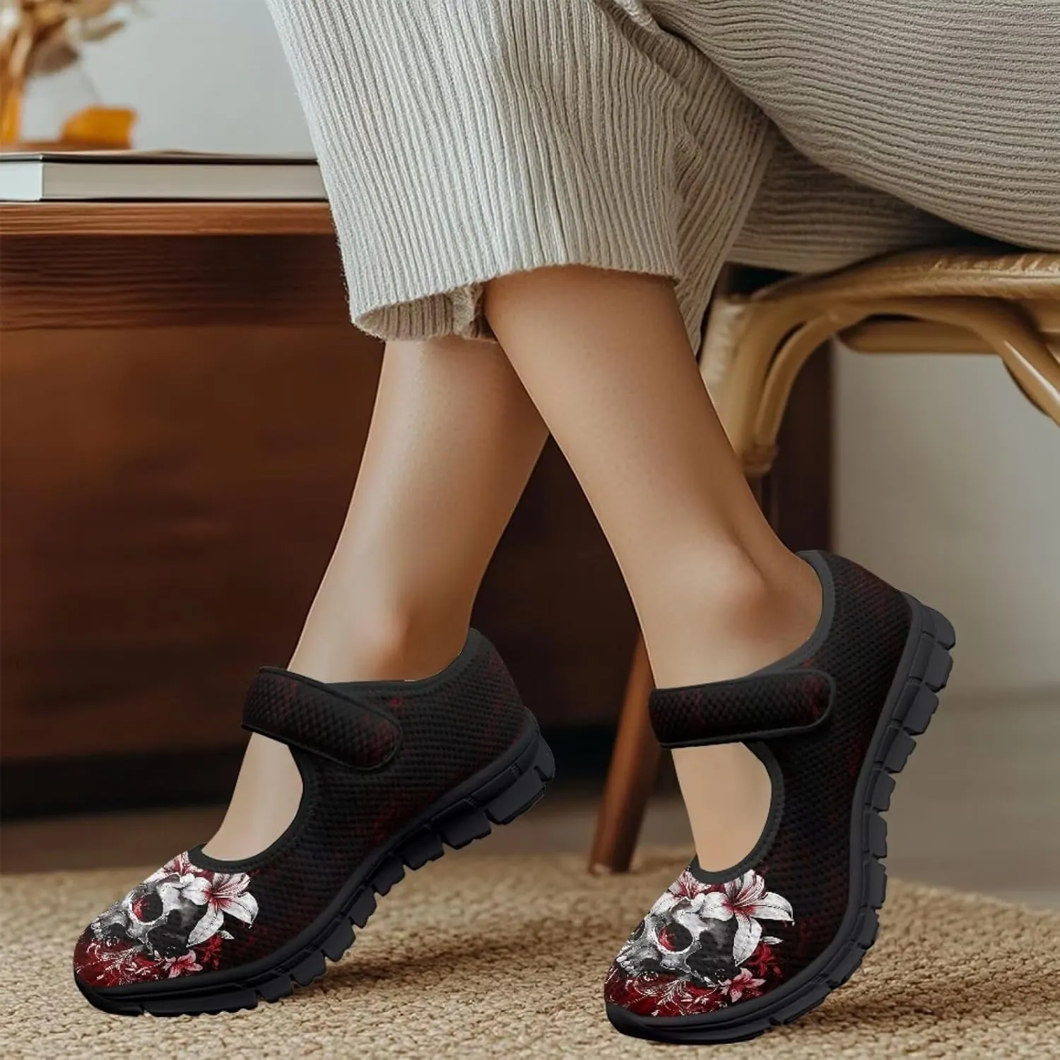 Skull Mary Jane Flats for Women Non Slip Trendy Dress Up Shoes Breathable Daily Dress Ballet Flats Shoes