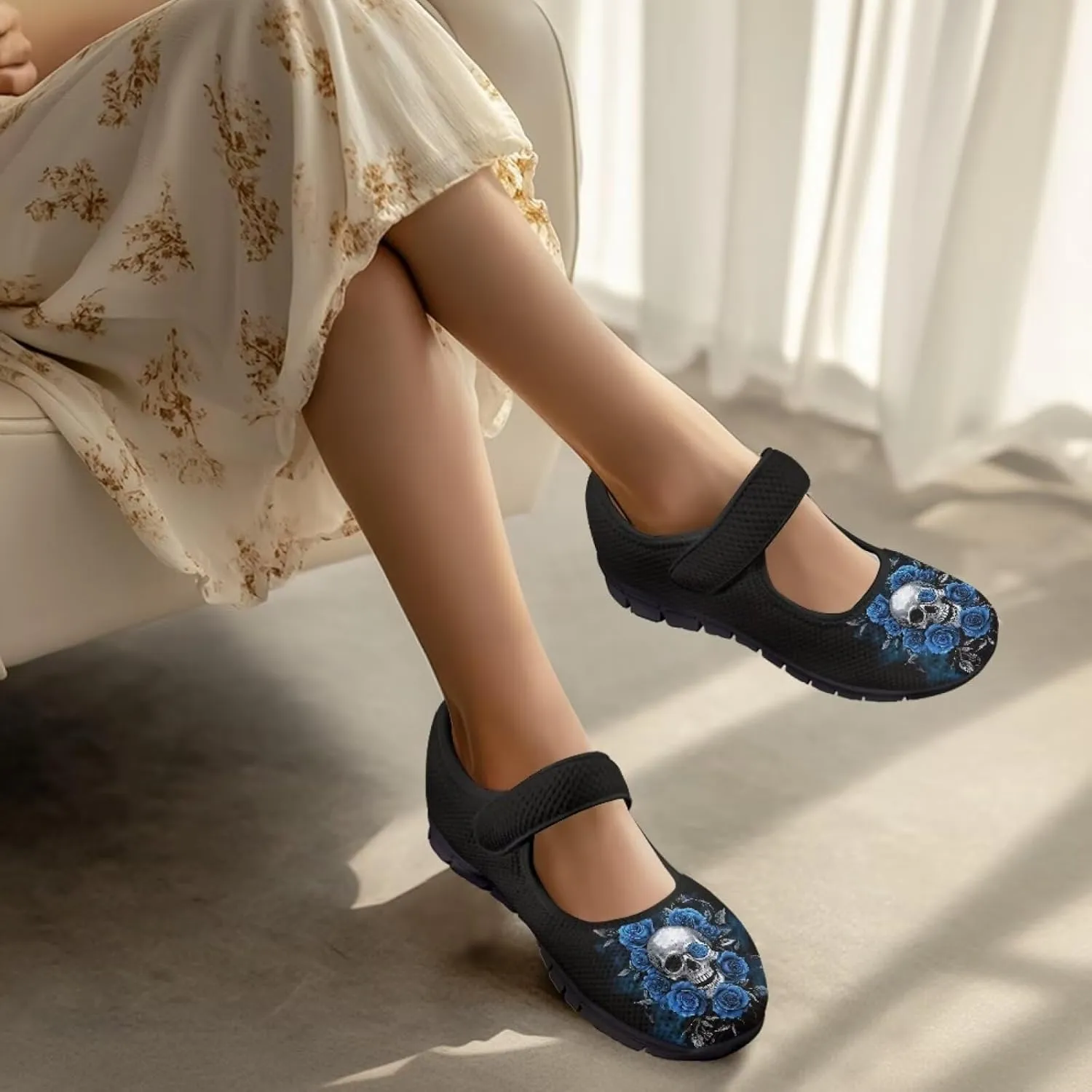 Skull Mary Jane Flats for Women Non Slip Trendy Dress Up Shoes Breathable Daily Dress Ballet Flats Shoes