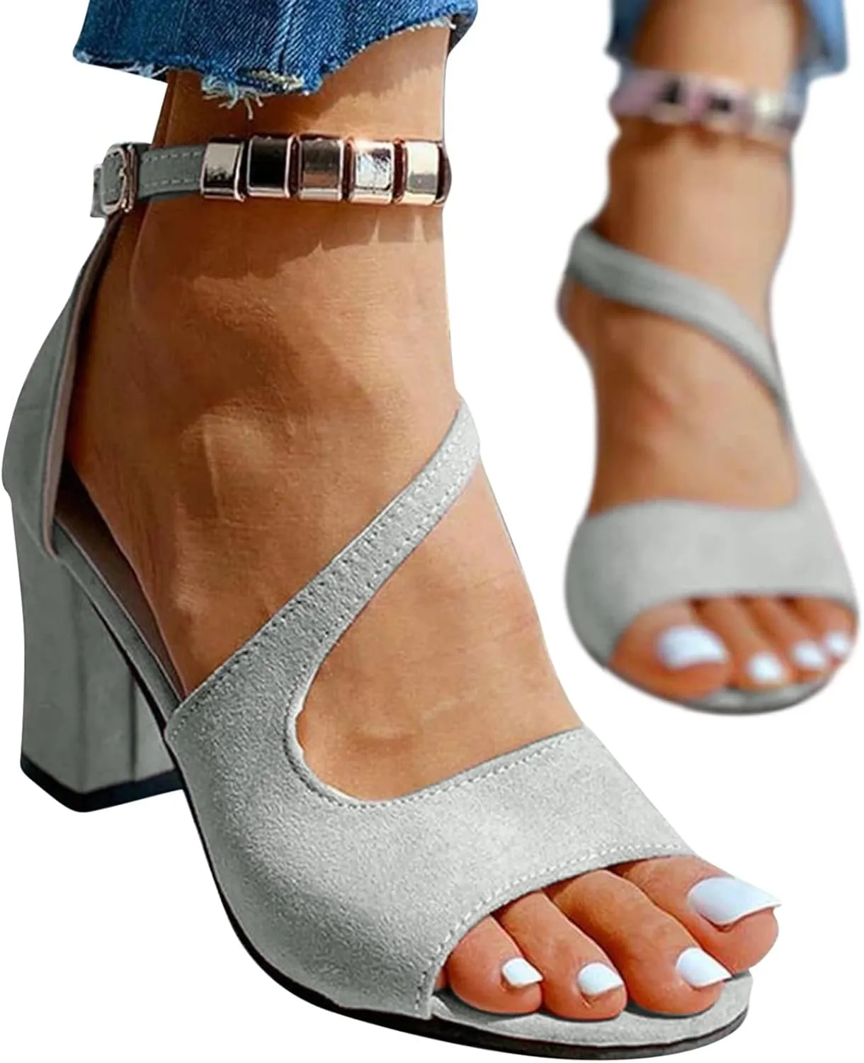 Strappy Heeled Sandals Women Open Toe Square Toe Chunky Heel Ankle Strap Party Shoes