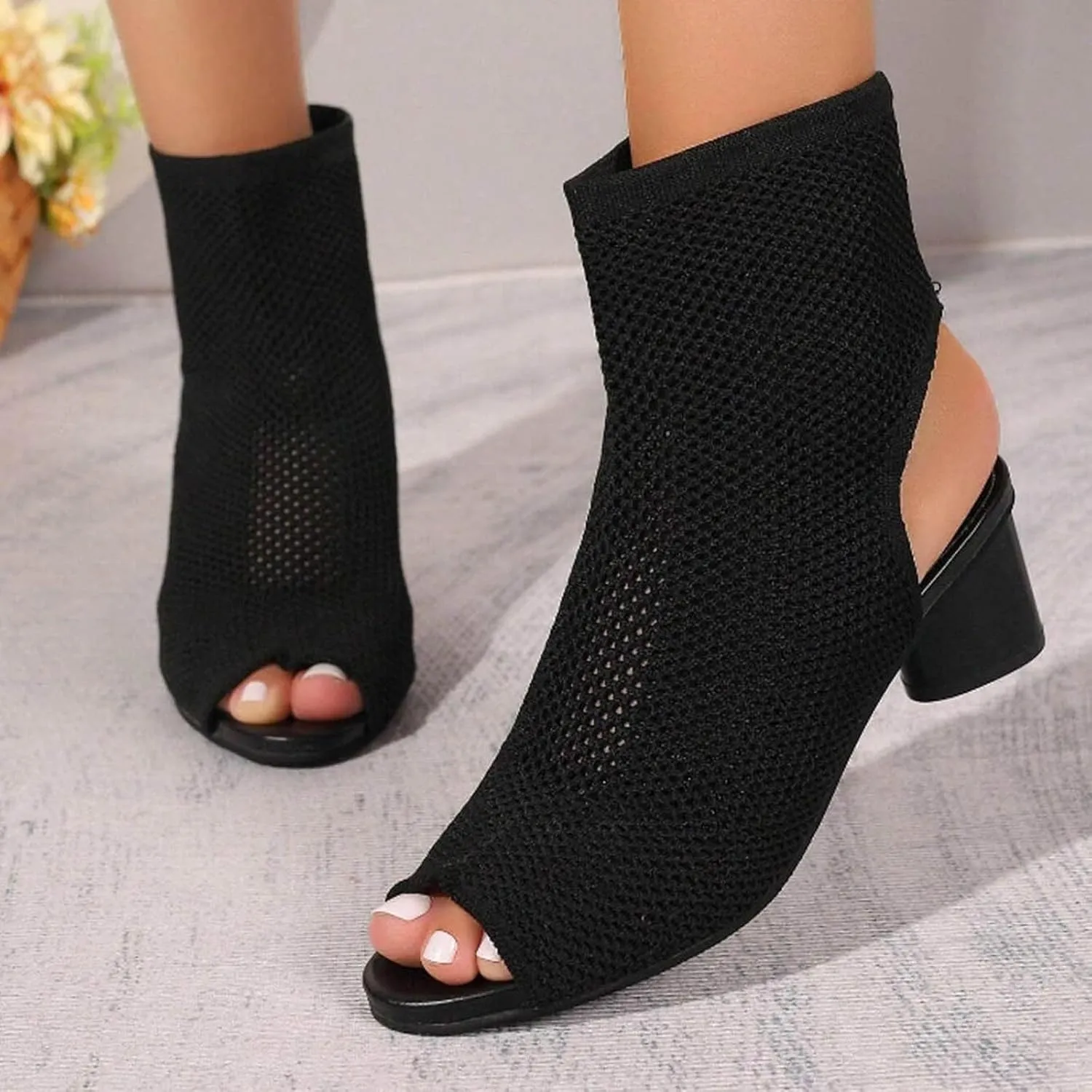 SuanlaTDS Women's Chunky Block Heels Sandals Dressy Summer 2025 Peep Toe Slingback Ankle Boots Elastic Slip-on Comfortable Outdoor Beach Slides Sexy High Heel Sandal for Wedding Party