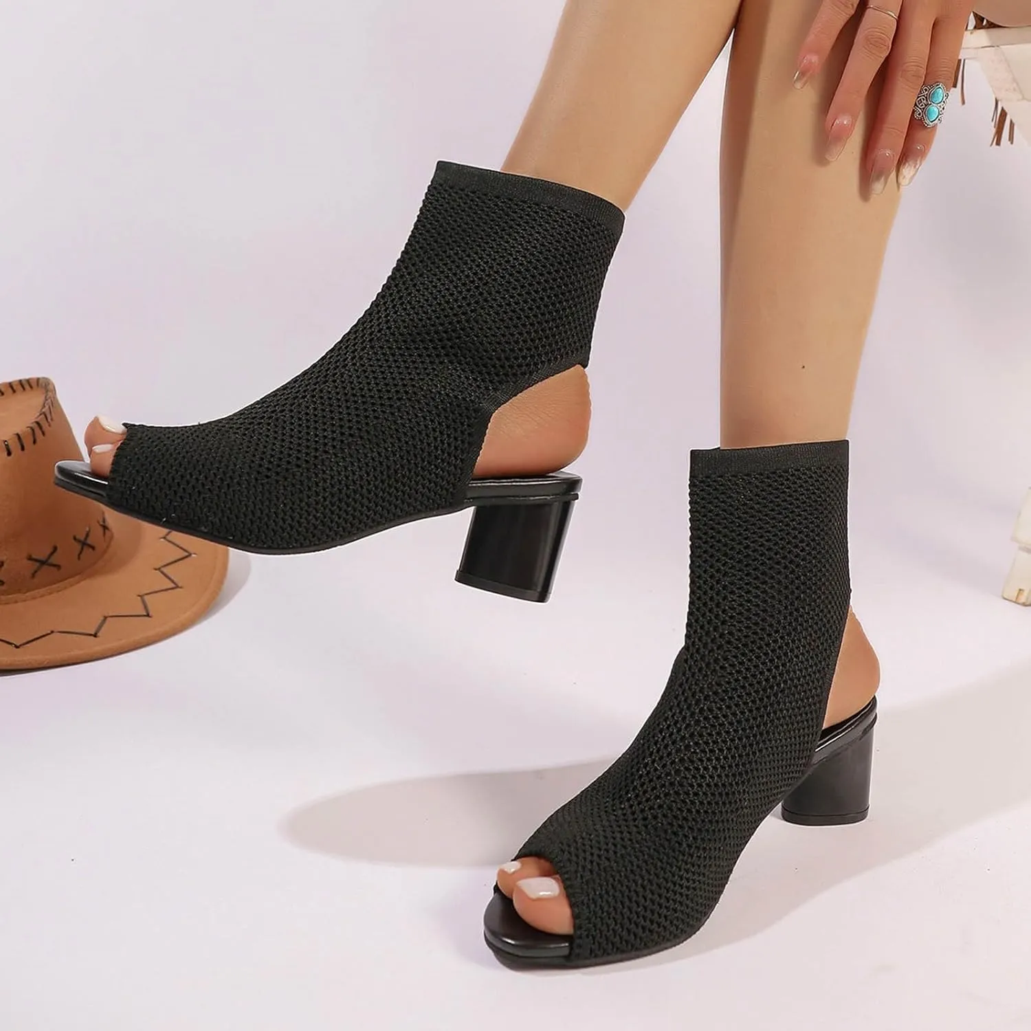 SuanlaTDS Women's Chunky Block Heels Sandals Dressy Summer 2025 Peep Toe Slingback Ankle Boots Elastic Slip-on Comfortable Outdoor Beach Slides Sexy High Heel Sandal for Wedding Party