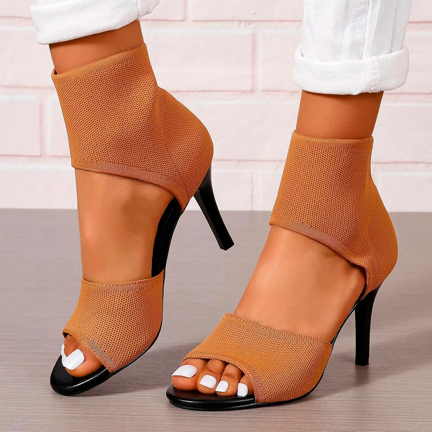SuanlaTDS Women's High Heels Sandals Elastic Slip-on Summer Round Open Toe Wedding Party Shoes 2025 Elegant Stiletto Heel Comfortable Dressy Outdoor Sexy Heeled Slides Cutout Ankle Boots