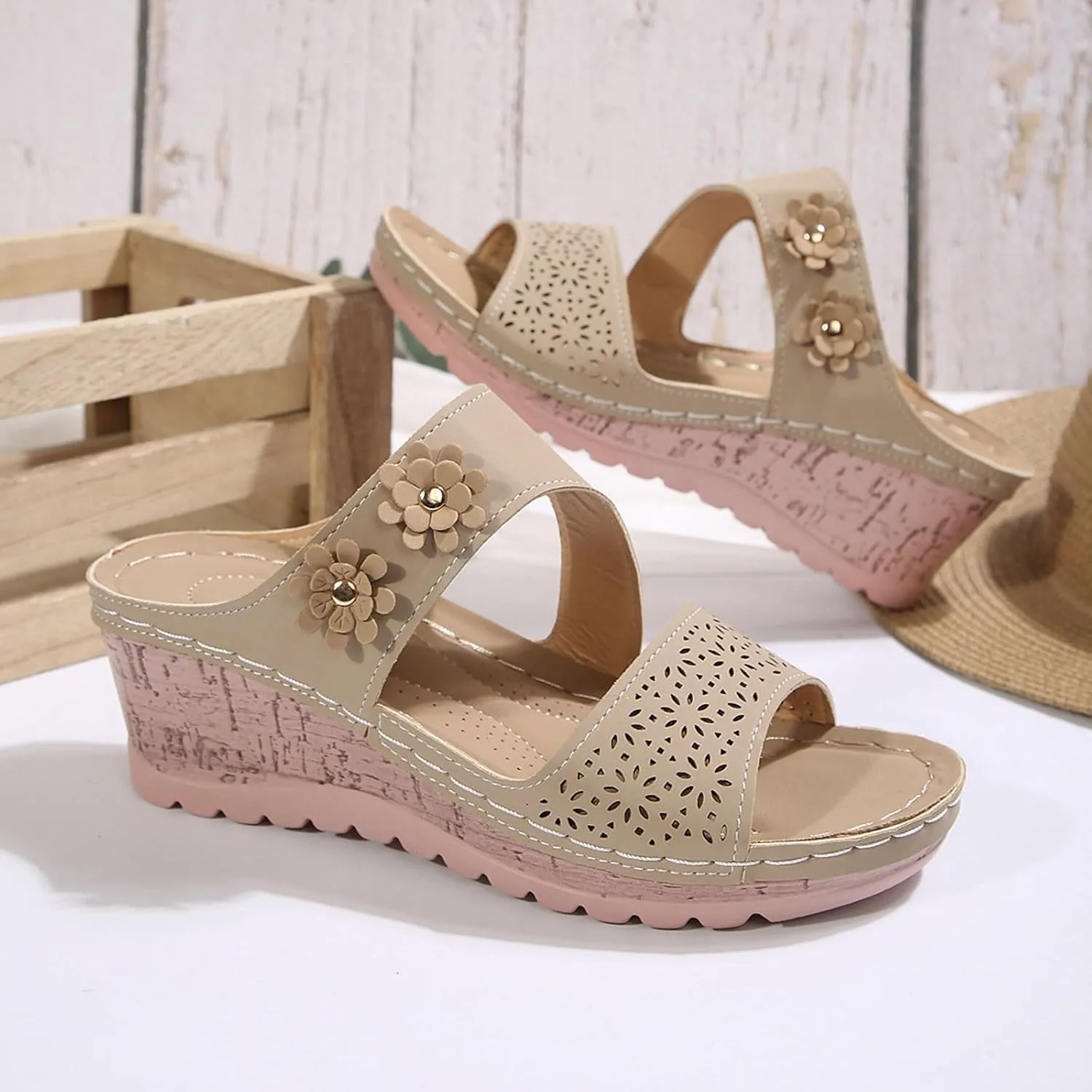SuanlaTDS Womens Sandals Comfortable Platform Wedges Slip On Orthopedic Sandals with Arch Support Casual Summer Open Toe High Heels Slide Sandals Slippers Wedge Outdoor Walking Shoes