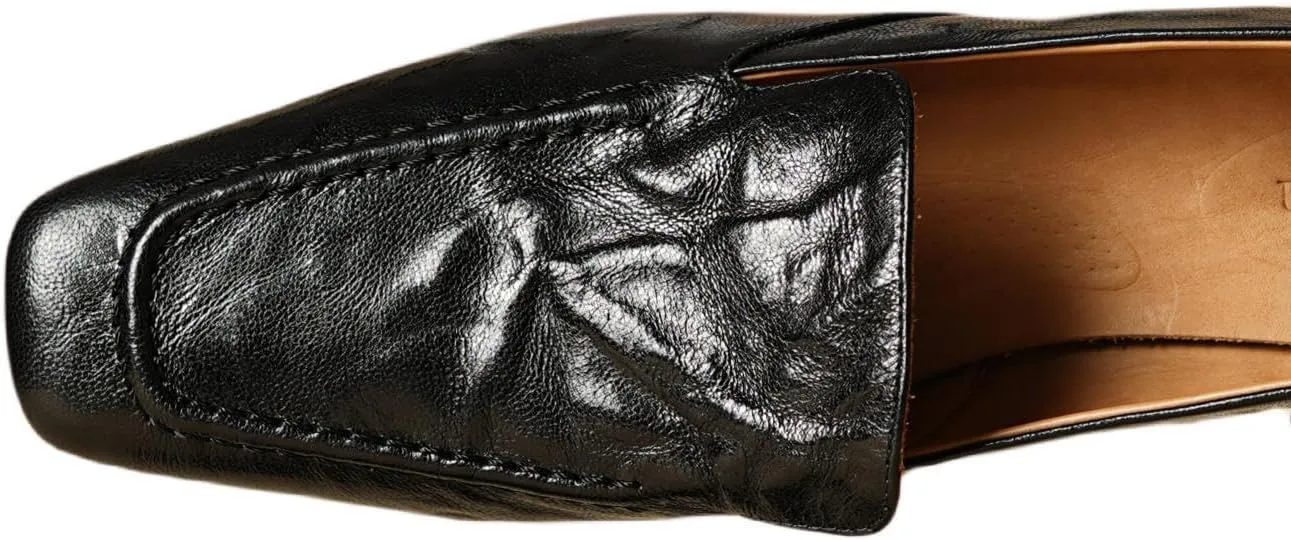 TinaCus Women's Genuine Leather Plicated Square Toe Handmade Chunky Heel Loafers Pumps Shoes