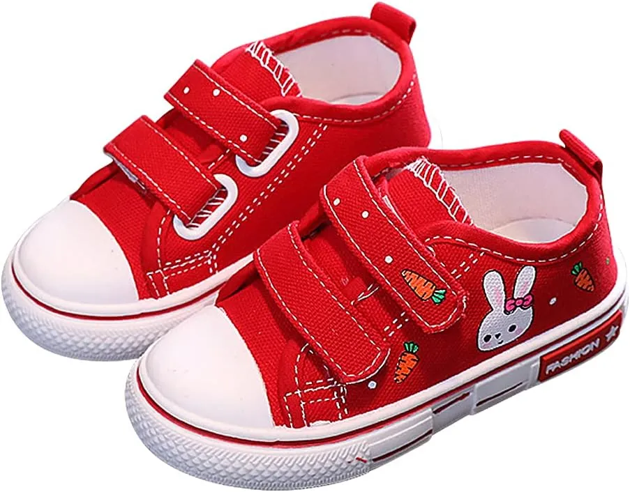 Toddler Girls Rabbit Carrot Printed Slip On Canvas Sneakers Little Kid Unisex Adjustable Strap Walking Shoes Lazy Shoes with Cartoon Hook and Loops