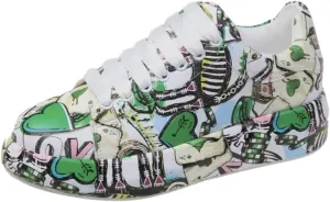 Trendy Graffiti Print Lace-Up Fashion Sneakers for Women - Comfortable Low Top Walking Shoes with Street Art Design (Black/Green/Red) - Larger Sizes are Available