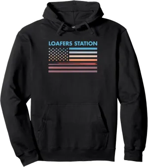 Vintage Sunset American Flag Loafers Station, Indiana Pullover Hoodie