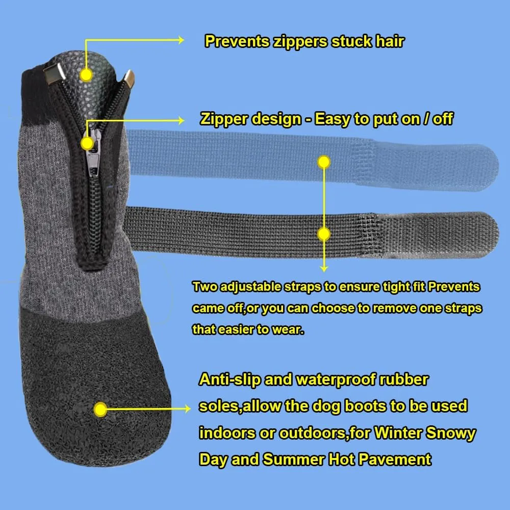 Waterproof Grip Dog Shoes,Anti-Slip Dog Socks Boots,Zipper Dogs Booties Paw Protectors for Hardwood Floor,Indoor and Outdoor for Small Medium Large Dogs Grey