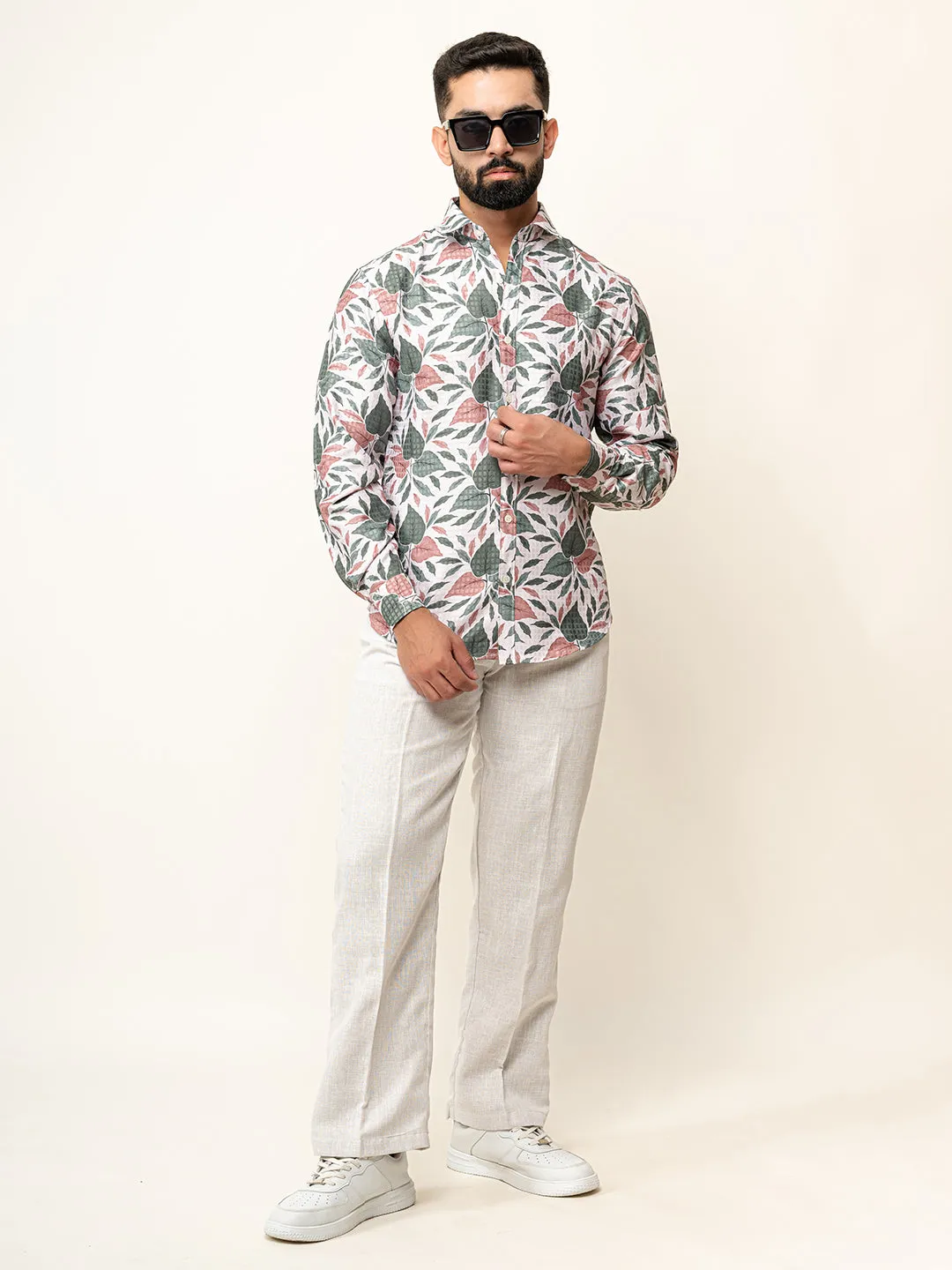 White Leaf Full Sleeve Printed Shirts For Men