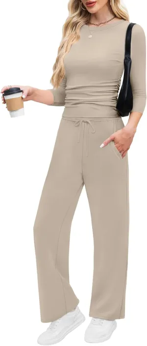 WIHOLL 2 Piece Lounge Sets for Women Summer Vacation Outfits 3/4 Sleeve Tops with Side Ruched Wide Leg Pants Matching Sets