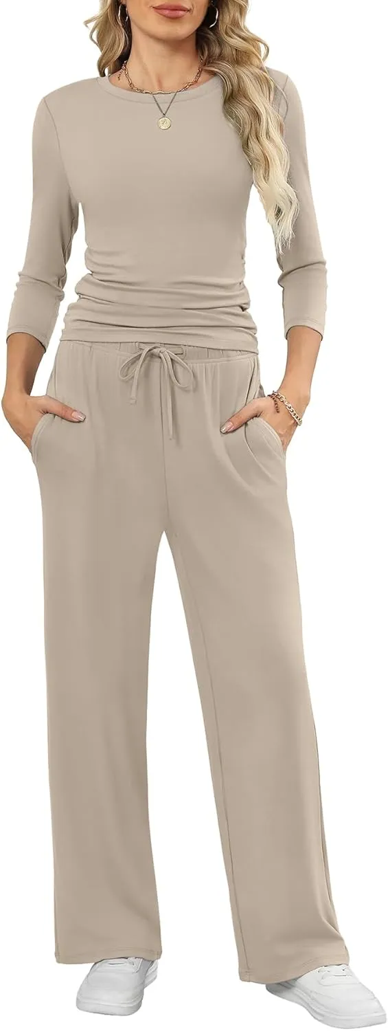WIHOLL 2 Piece Lounge Sets for Women Summer Vacation Outfits 3/4 Sleeve Tops with Side Ruched Wide Leg Pants Matching Sets