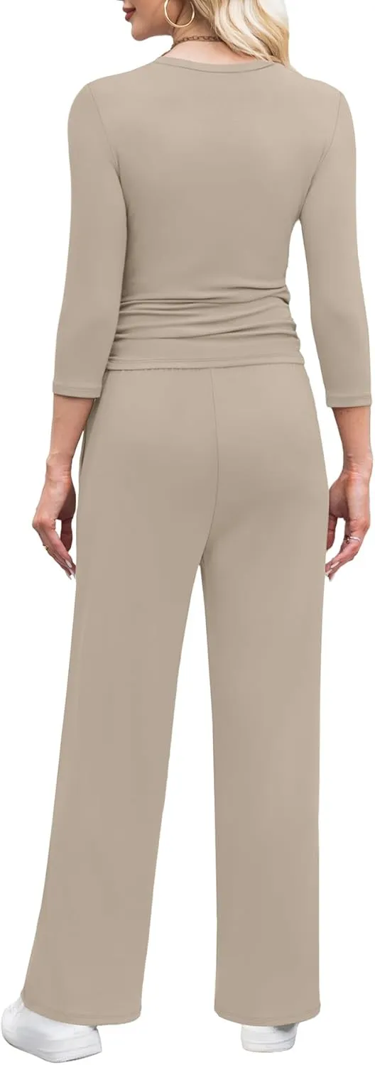 WIHOLL 2 Piece Lounge Sets for Women Summer Vacation Outfits 3/4 Sleeve Tops with Side Ruched Wide Leg Pants Matching Sets