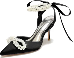 Women Satin Pearls Wedding Pumps for Bride Closed Pointed Toe Prom Evening Bridal Party Dress Shoes Strap Evening Guest Shoes