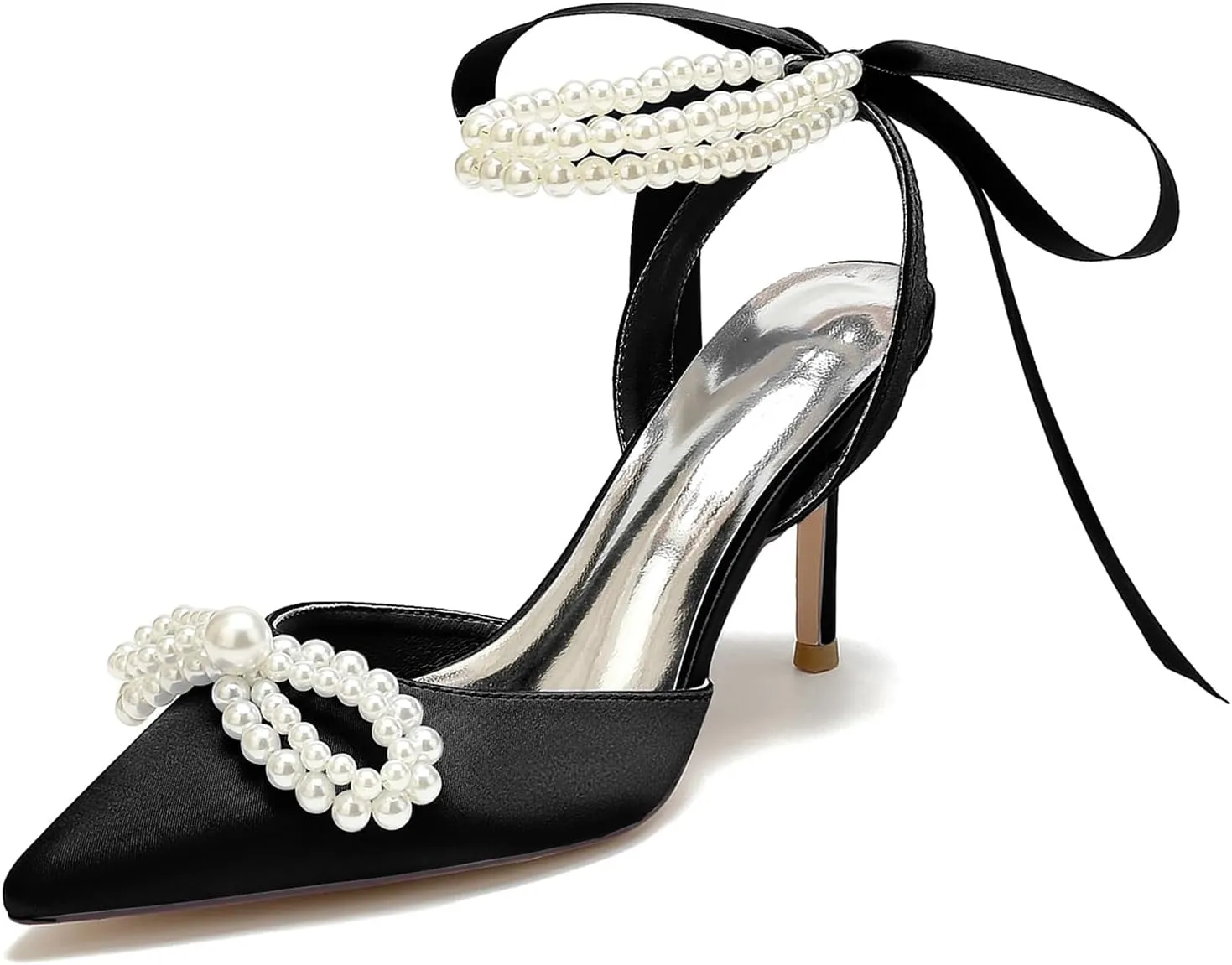 Women Satin Pearls Wedding Pumps for Bride Closed Pointed Toe Prom Evening Bridal Party Dress Shoes Strap Evening Guest Shoes