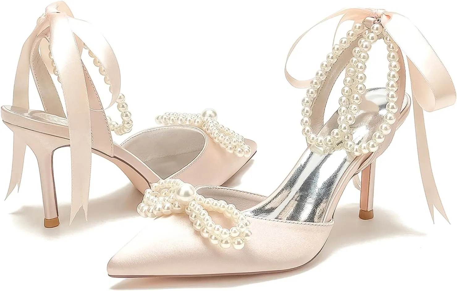 Women Satin Pearls Wedding Pumps for Bride Closed Pointed Toe Prom Evening Bridal Party Dress Shoes Strap Evening Guest Shoes